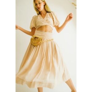 NWT Jonathan Simkhai Katya Linen Gauze Strappy Midi Skirt, Size 4, Color Beige